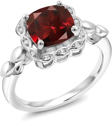 Gem Stone King 925 Sterling Silver Red Garnet and White Created Sapphire Engagement Ring For Women (2.70 Cttw, Cushion Cut 8MM, Available in size 5, 6, 7, 8, 9) in Saudi Arabia