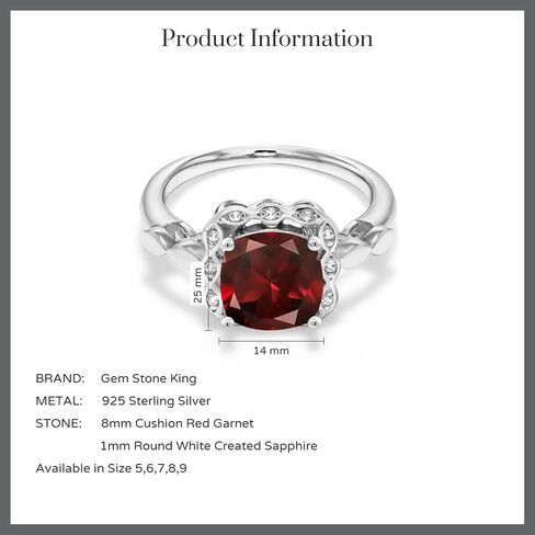 Gem Stone King 925 Sterling Silver Red Garnet and White Created Sapphire Engagement Ring For Women (2.70 Cttw, Cushion Cut 8MM, Available in size 5, 6, 7, 8, 9) in Saudi Arabia