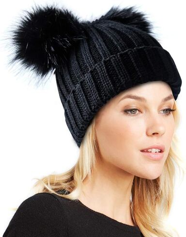Womens Double Pom Pom Winter Bobble Hat Knitted Faux Fur Detachable Ball Cap in Kuwait