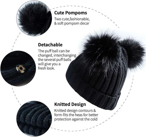 Womens Double Pom Pom Winter Bobble Hat Knitted Faux Fur Detachable Ball Cap in Kuwait