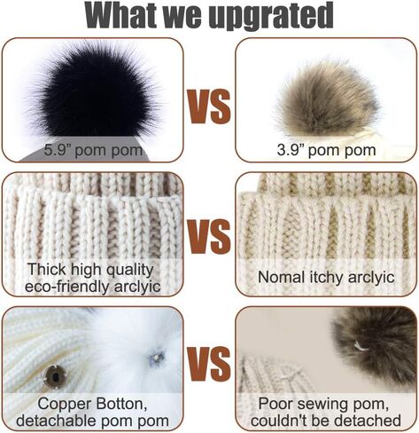 Womens Double Pom Pom Winter Bobble Hat Knitted Faux Fur Detachable Ball Cap in Kuwait