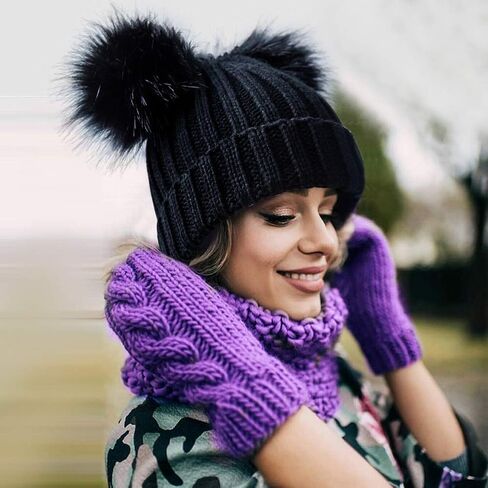 Womens Double Pom Pom Winter Bobble Hat Knitted Faux Fur Detachable Ball Cap in Kuwait
