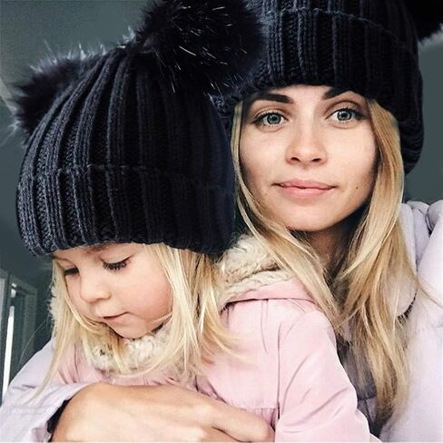 Womens Double Pom Pom Winter Bobble Hat Knitted Faux Fur Detachable Ball Cap in Kuwait