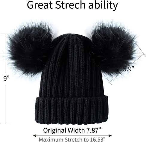 Womens Double Pom Pom Winter Bobble Hat Knitted Faux Fur Detachable Ball Cap in Kuwait