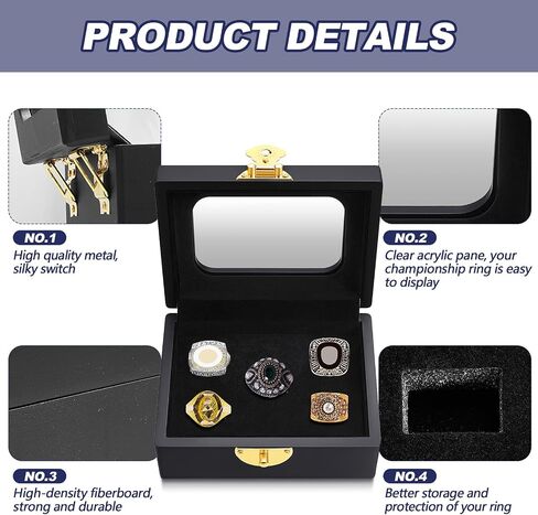 Equsion Championship Ring Display Case 5 Ring Posts Clear Display Case Box with Locks Acrylic Baseball Ring Holder for Multiple Rings Sports Fan Souvenirs, Black in Saudi Arabia