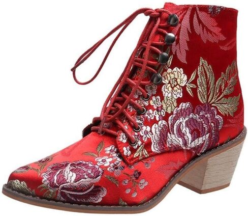 Gets Womens Vintage Floral Embroidered Block Heel Cowboy Boots Heighten Ankle Booties in Saudi Arabia