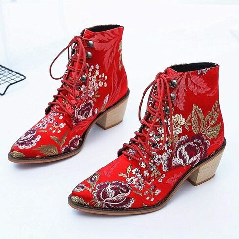 Gets Womens Vintage Floral Embroidered Block Heel Cowboy Boots Heighten Ankle Booties in Saudi Arabia