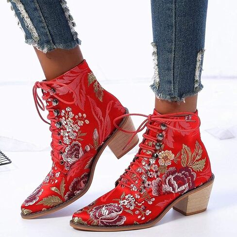 Gets Womens Vintage Floral Embroidered Block Heel Cowboy Boots Heighten Ankle Booties in Saudi Arabia