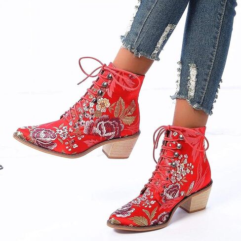 Gets Womens Vintage Floral Embroidered Block Heel Cowboy Boots Heighten Ankle Booties in Saudi Arabia