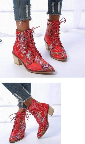 Gets Womens Vintage Floral Embroidered Block Heel Cowboy Boots Heighten Ankle Booties in Saudi Arabia