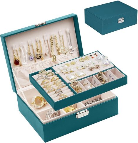 صندوق منظم مجوهرات للنساء والفتيات من سيكارون، حافظة منظم مجوهرات من طبقتين من جلد البولي يوريثين ببطانة ناعمة مع قفل للخواتم والاقراط والقلائد والاساور، اخضر in Kuwait