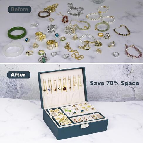 صندوق منظم مجوهرات للنساء والفتيات من سيكارون، حافظة منظم مجوهرات من طبقتين من جلد البولي يوريثين ببطانة ناعمة مع قفل للخواتم والاقراط والقلائد والاساور، اخضر in Kuwait