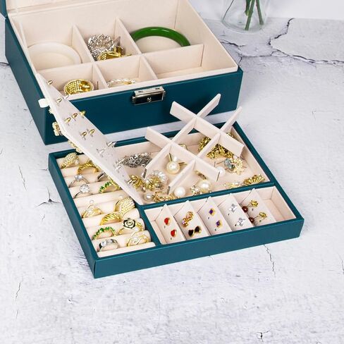 صندوق منظم مجوهرات للنساء والفتيات من سيكارون، حافظة منظم مجوهرات من طبقتين من جلد البولي يوريثين ببطانة ناعمة مع قفل للخواتم والاقراط والقلائد والاساور، اخضر in Kuwait