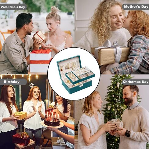 صندوق منظم مجوهرات للنساء والفتيات من سيكارون، حافظة منظم مجوهرات من طبقتين من جلد البولي يوريثين ببطانة ناعمة مع قفل للخواتم والاقراط والقلائد والاساور، اخضر in Kuwait