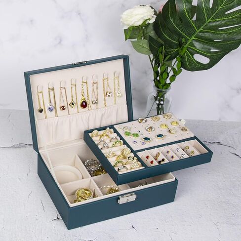 صندوق منظم مجوهرات للنساء والفتيات من سيكارون، حافظة منظم مجوهرات من طبقتين من جلد البولي يوريثين ببطانة ناعمة مع قفل للخواتم والاقراط والقلائد والاساور، اخضر in Kuwait