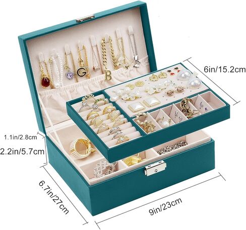 صندوق منظم مجوهرات للنساء والفتيات من سيكارون، حافظة منظم مجوهرات من طبقتين من جلد البولي يوريثين ببطانة ناعمة مع قفل للخواتم والاقراط والقلائد والاساور، اخضر in Kuwait