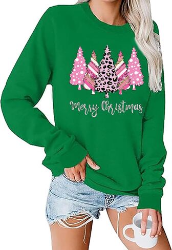 RFBIQI Merry Christmas Sweatshirt Women Cute Leopard Xmas Trees Graphic Pullover Shirt Winter Holiday Casual Long Sleeve Tops in Kuwait