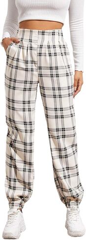 WDIRARA Women's Plaid Elastic High Waist Casual Tartan Pants with Pockets in Kuwait