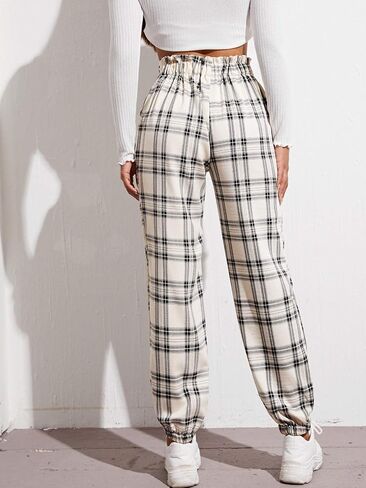 WDIRARA Women's Plaid Elastic High Waist Casual Tartan Pants with Pockets in Kuwait