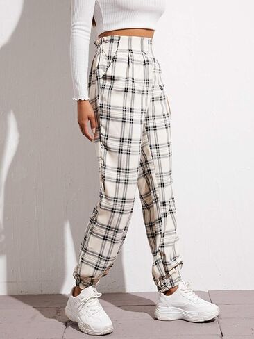 WDIRARA Women's Plaid Elastic High Waist Casual Tartan Pants with Pockets in Kuwait