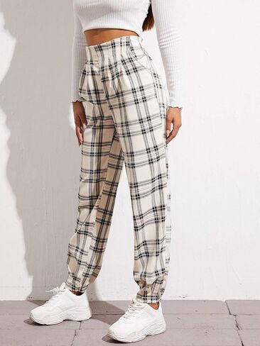 WDIRARA Women's Plaid Elastic High Waist Casual Tartan Pants with Pockets in Kuwait