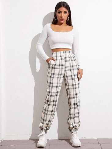 WDIRARA Women's Plaid Elastic High Waist Casual Tartan Pants with Pockets in Kuwait