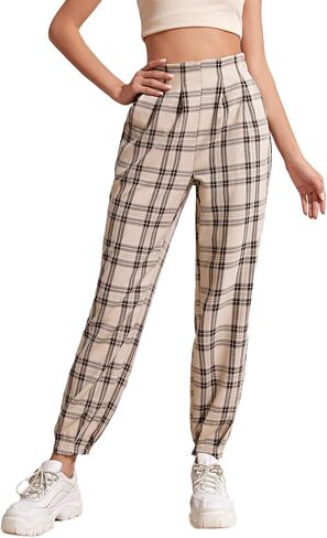 WDIRARA Women's Plaid Elastic High Waist Casual Tartan Pants with Pockets in Kuwait