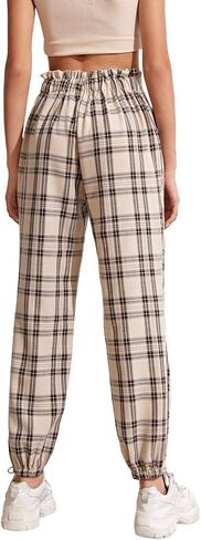 WDIRARA Women's Plaid Elastic High Waist Casual Tartan Pants with Pockets in Kuwait