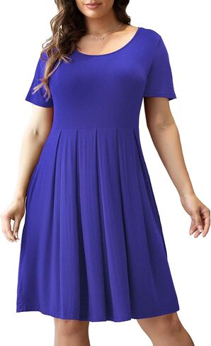 Tralilbee Women's Plus Size Short Sleeve Dress Casual Pleated Swing Dresses with Pockets in Kuwait