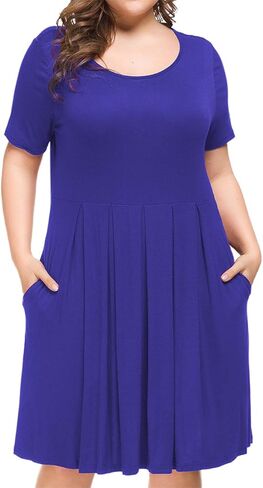 Tralilbee Women's Plus Size Short Sleeve Dress Casual Pleated Swing Dresses with Pockets in Kuwait