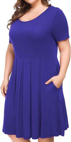 Tralilbee Women's Plus Size Short Sleeve Dress Casual Pleated Swing Dresses with Pockets in Kuwait