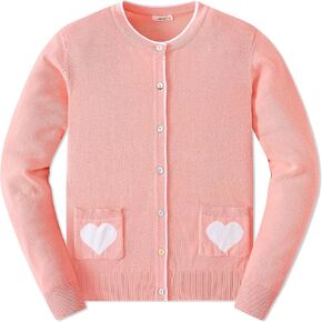 JSTEX Girls Cute Cardigan 100% Cotton Knit Kids Cardigan Long Sleeve Crew Neck Button Sweaters for Girl Size 4-14