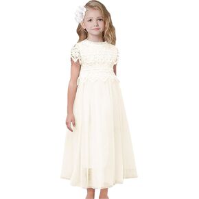 2Bunnies Girl Boho Bohemian Rustic Communion Crochet Lace A-Line Tulle Flower Girl Dress in Kuwait