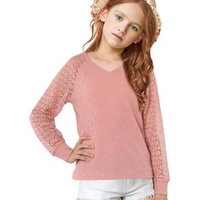 KEREDA Girls Long Sleeve Shirts Lace V-Neck Knitted Pullover Casual Blouses Tops 5-14 Years