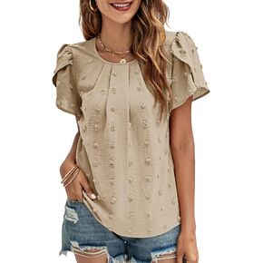 Beaully Womens Summer Tops Casual Boho Short Sleeve Shirts Crewneck Lace Crochet Chiffon Blouses