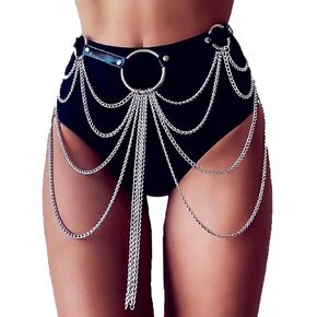 Jerany Goth Black Leather Chain Belt Punk Charms Pentagram Belly Body Chain Tassel Layered Waist Chains Nightclub Harness Rave Body Jewelry for Women and Girls