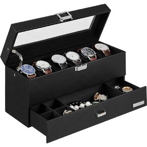 VIMBER Watch Box, 6-Slot Watch Case with Real Large Glass Lid, 2 Layers Mens Jewelry box with 1 Drawer for Jewelry, Leather Watch Box Organizer, Gift for Loved Ones, Grey USSH206H