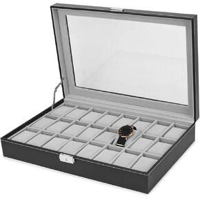 JS NOVA JUNS 24 صندوق ساعة رجالي كبير حافظة ساعة قابلة للقفل منظم عرض المجوهرات مع غطاء أكريليك جلد صناعي أسود in Kuwait