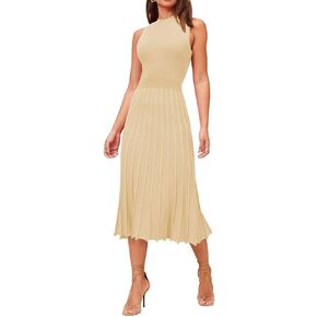Pink Queen Women's Crew Neck Sleeveless High Waisted Bodycon Pleated Ribbed Swing Knit Midi Dresses in Kuwait