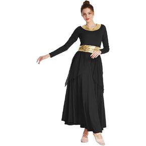 REXREII Women Praise Dance Robe Metallic Waistband Long Sleeve Liturgical Worship Dress Chiffon Skirt Lyrical Costume