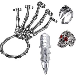 LAKIYOYO 4pcs Halloween Skull Skeleton Hand Bracelet with Ring Punk Wristband Skull Fingers Hand Bracelet Skeleton Ring Hallowmas Gifts Jewelry