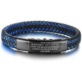 To my Son Inspirational Bracelet Gift from Mom Dad Always Remember You are Braver 2-tone Braided Leather Bracelet for Teen Boy from Mother in Law Stepmom, Adjustable,To son Gift, Christmas gift