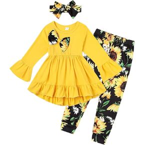 Ayzozuy Toddler Baby Girl Clothes Floral Outfit Ruffle Sleeve Shirt with Headband 3PC Pant Set Fall Clothing for Girl in Kuwait