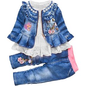 Peacolate Spring Autumn Baby Girls Clothing Set 3pcs Long Sleeve T-Shirt Denim Jacket and Jeans