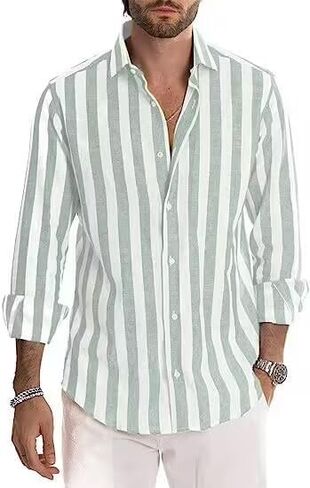 قميص DELCARINO رجالي كاجوال بأكمام قصيرة وشريط عمودي أنيق من القطن والكتان in Kuwait