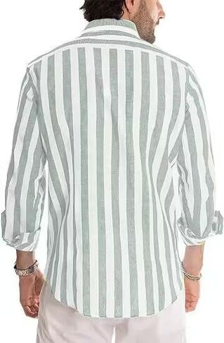 قميص DELCARINO رجالي كاجوال بأكمام قصيرة وشريط عمودي أنيق من القطن والكتان in Kuwait