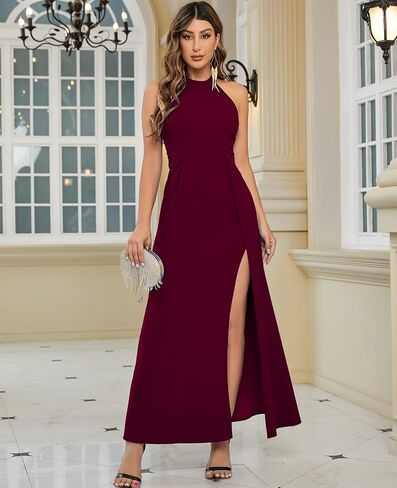 فستان رسمي برقبة رسن للنساء بدون أكمام وحفلات الكوكتيل ووصيفة العروس فستان طويل لحفلات الزفاف in Kuwait