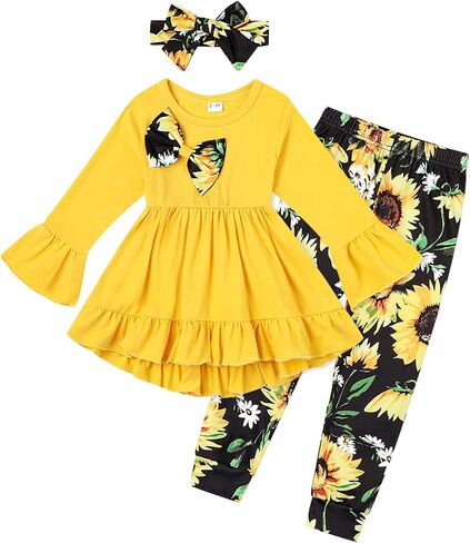 Ayzozuy Toddler Baby Girl Clothes Floral Outfit Ruffle Sleeve Shirt with Headband 3PC Pant Set Fall Clothing for Girl in Saudi Arabia