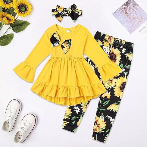 Ayzozuy Toddler Baby Girl Clothes Floral Outfit Ruffle Sleeve Shirt with Headband 3PC Pant Set Fall Clothing for Girl in Saudi Arabia