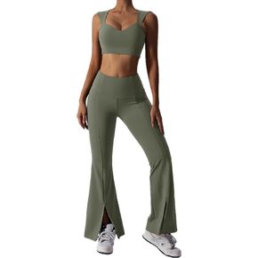 ABOCIW Workout Sets for Women 2 Piece High Waist Flared Leggings Slit Hem V Neck Sports Bra Gym Yoga Outfits in Saudi Arabia